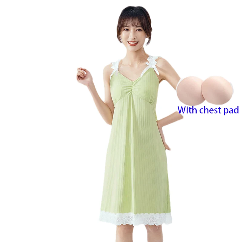 Summer suspender nightdress with chest pad detachable milk silk pit strip suspender V-neck solid color homewear nightdress