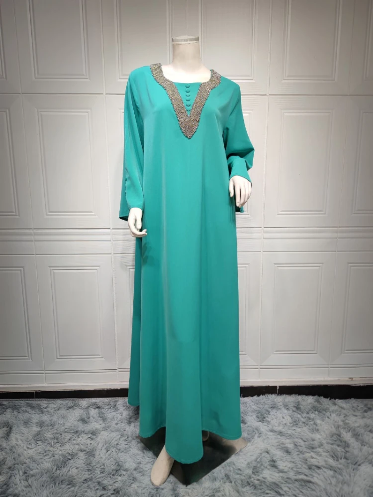 Elegant Women's Party Dresses 2023 V-Neck Diamonds Long Sleeve Abaya Femme Musulman Robe Kaftan Jalabiyat Ramadan