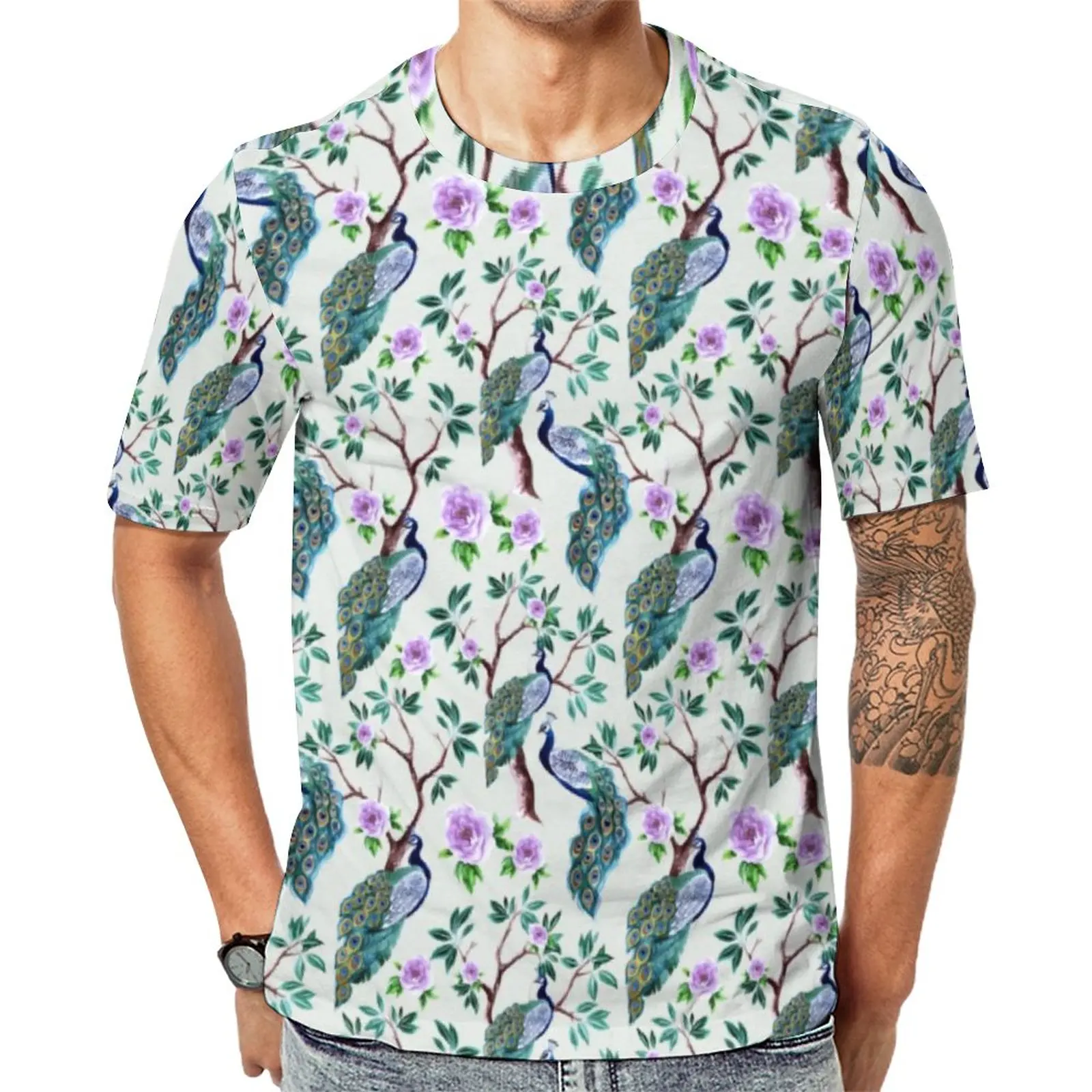 

Vintage Birds T Shirt Peacock in Flowering Tree Trendy T-Shirts Men Tee Shirt Summer Short-Sleeve Custom Tops Plus Size 4XL 5XL