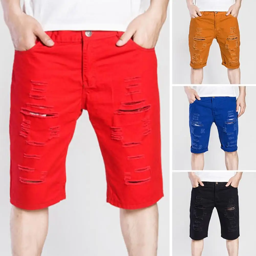 

Men Shorts Solid Color Ripped Hole Soft Summer Jeans for Daily Wear