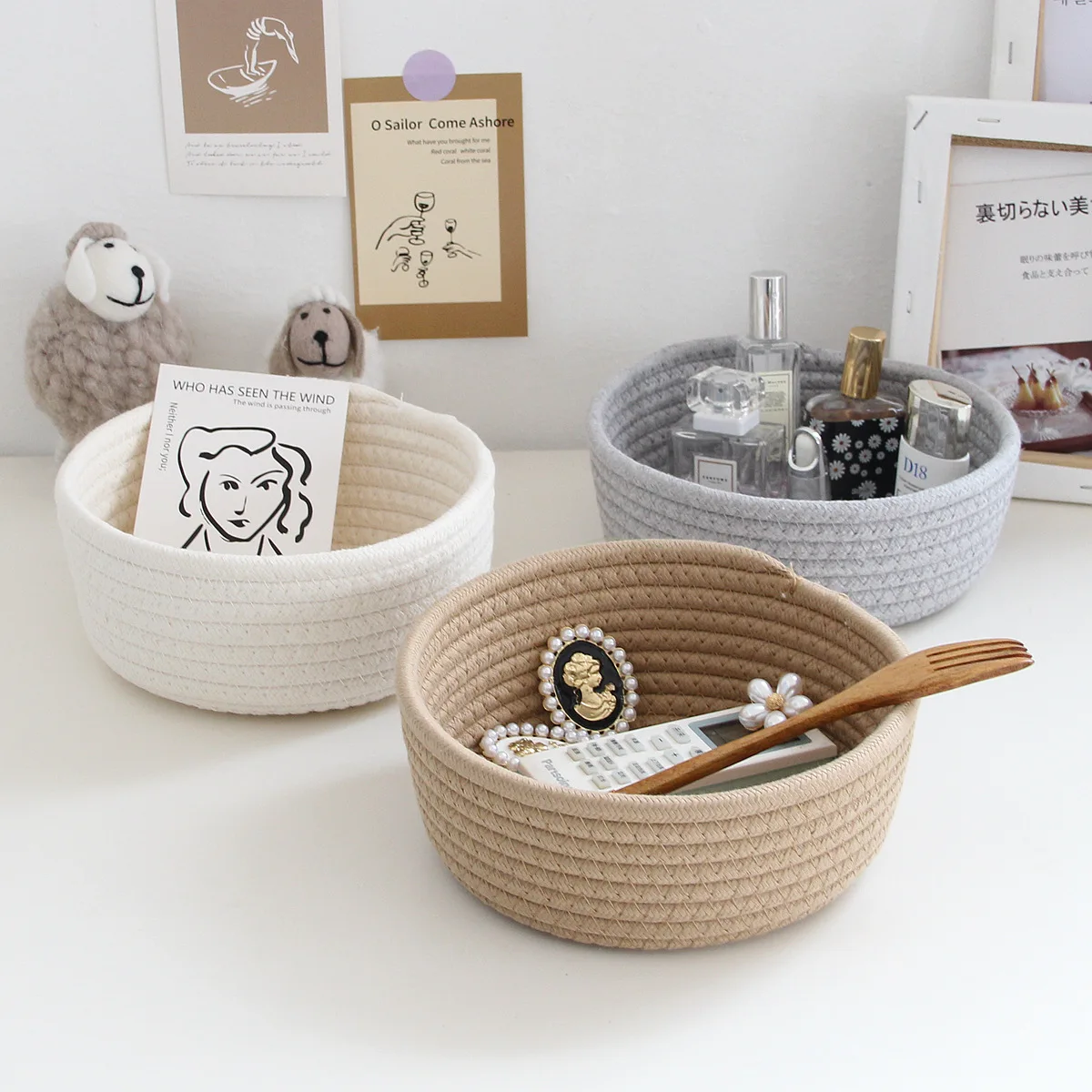 

Hand woven environment-friendly cotton thread Desktop sundries storage basket Snack toys Fruit cosmetics remote control storage