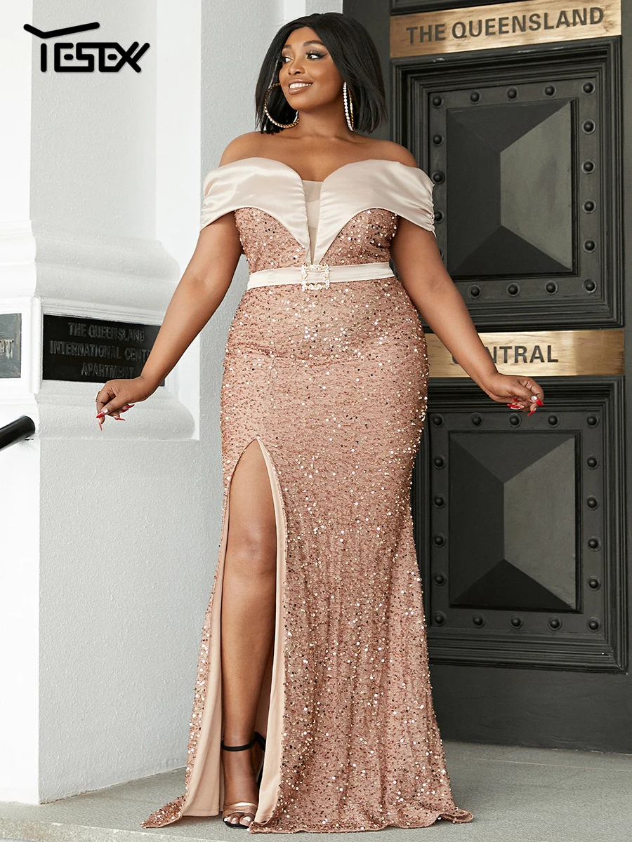 Yesexy New Plus Size Sleeveless Off The Shoulder Split Maxi Sequin Grey Gold Elegant Dresses For Evening Dress
