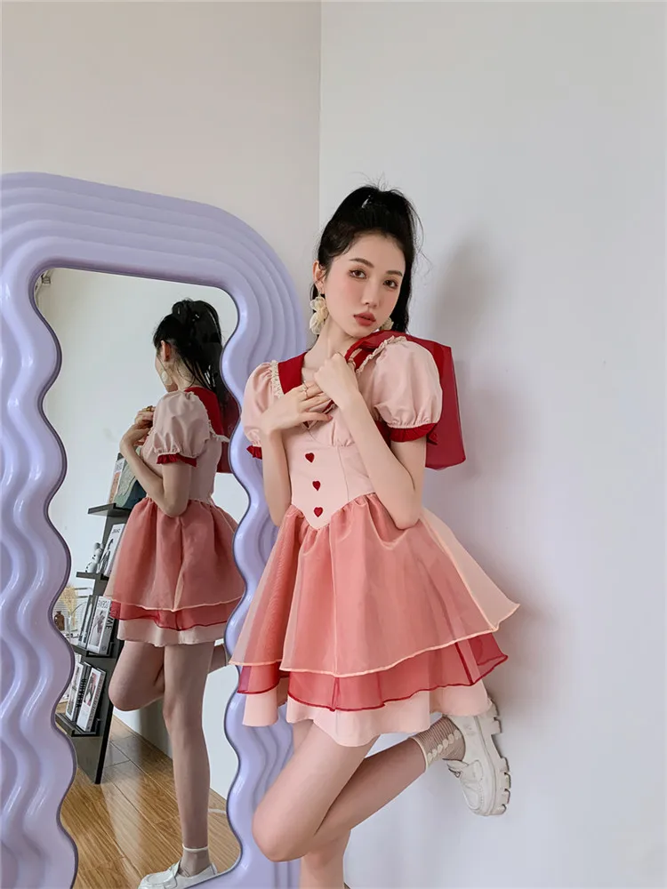 

Celebrity Girl Princess Little Pink Dress Vintage French Fashion Puff Sleeve A Line Mini Dress Sweet High Waist Slim Party Dress