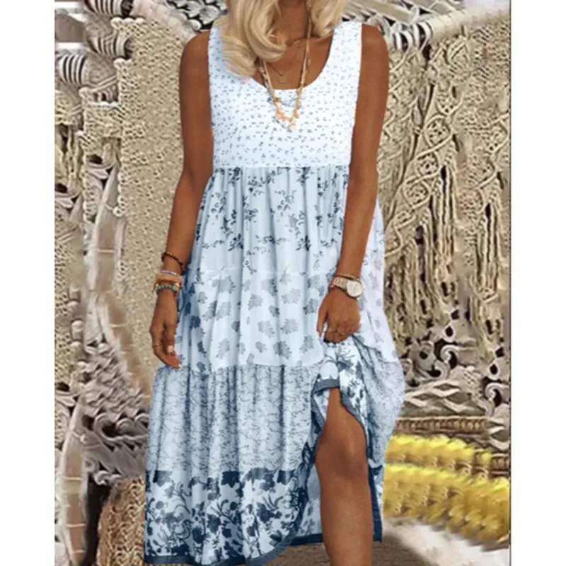 

Woman Floral Vest Dress Stitching Casual Printing Contrast Pink Flowers Lady Dresses Small Fresh Summer Female Dress