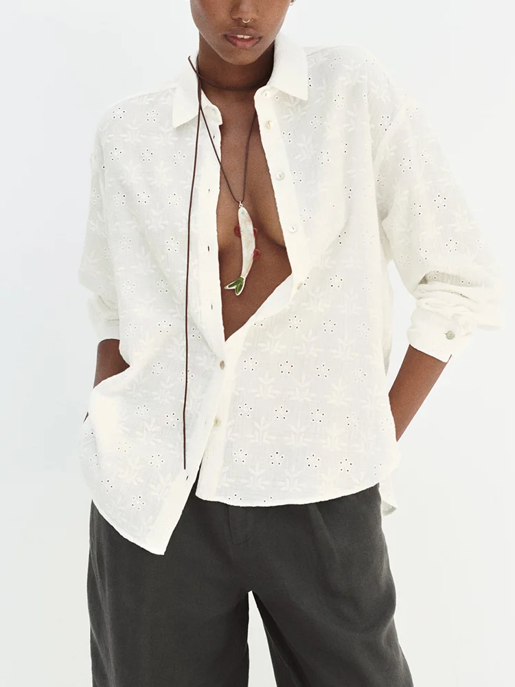 

Tops Shirts Fashion Clothes For Women 2023 Long Sleeve Top Cutwork Embroidery Shirt Lapel Collar Button Up Loose White Shirt