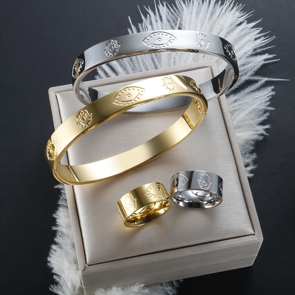 

Stainless Steel Minimalism Eye Palm Brand Bangle Cuff Bracelet Ring Jewelry Set Women Men Gold Color Wristband Gift Jewelry