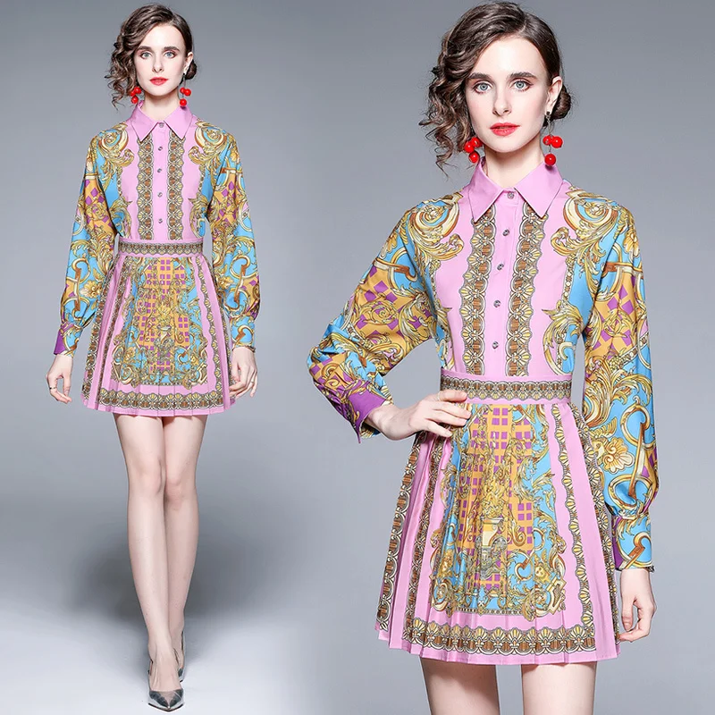 

Runway Floral Print Two Piece Dress Suits Women Shirt Blouse + Pleated Short Skirt Sets