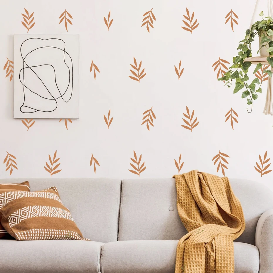 

Modern Boho Beige Green Leaves Vinyl Wall Sticker Removable DIY Decals Living Room Kitchen Interior Home Decoration