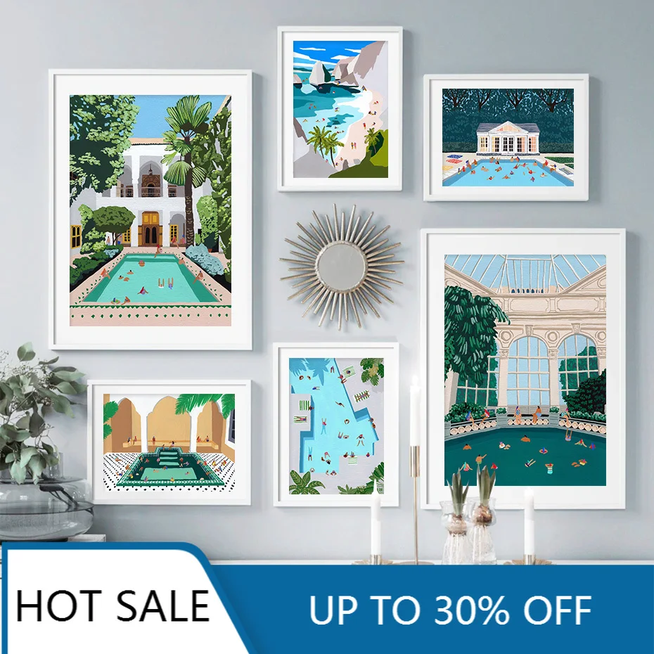 

Modern Swimming Pool Summer Seaside Vacation Illustration Wall Art Canvas Painting Poster Prints Picture Home Living Room Decor