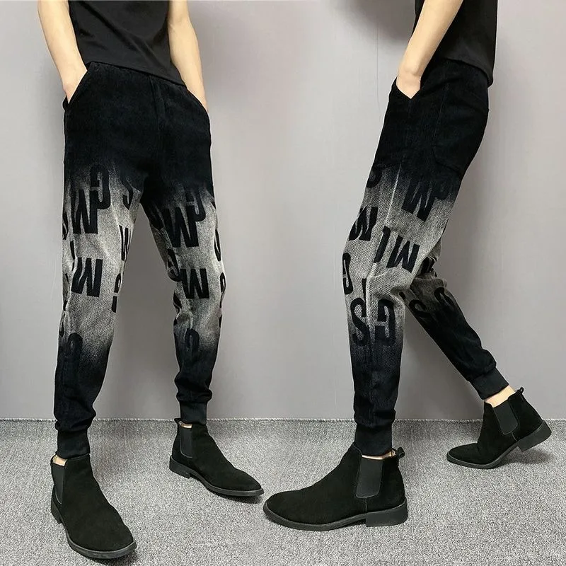 Джинсы мужские с буквенным принтом дизайнерские штаны Harun со шнуровкой средняя