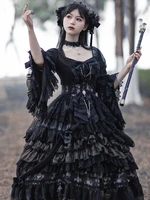gothic lolita op dress prom dress wedding dress black long sleeve polyester tea party witch lace lolita one piece dress