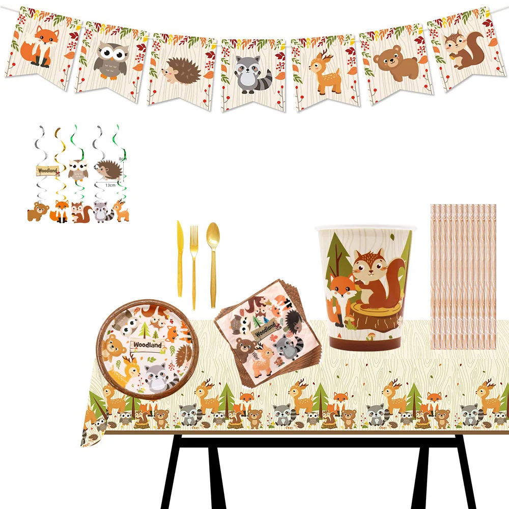 

Woodland Animals Disposable Tableware Baby Shower Decorations Forest Animal Birthday Party Supplies Decor Plates Cups Napkins