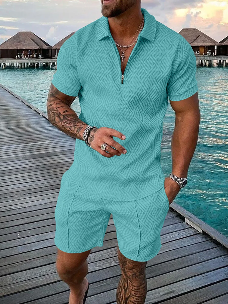 Summer 3D Print Polo Shirt And Short Set Fashion Style Short Sleeve Zip-Up Simple Atmosphere Men's Casual Suit