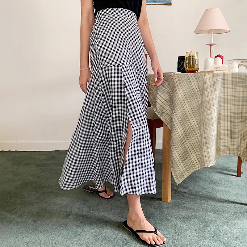 

SuperAen Korean Chic Summer New Casual Split Plaid Contrast Color Panel Long High Waist Skirt