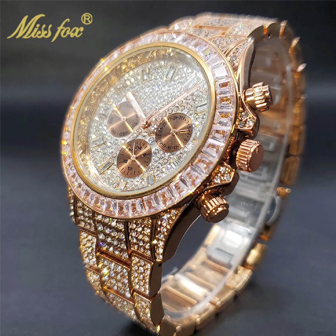 

New Male Designer Fashion Men Luxury Rose Gold Watch All Dial Work Chronograph Stopwatch Diamond Iced Bezel Quartz Wristwatches