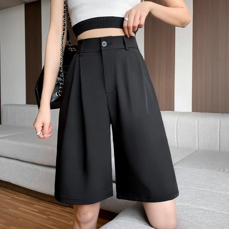 

Summer Women's Suit Shorts Casual Loose Wide Leg Pants Pockets Office Shorts Solid Oversize Black Trousers Pantalones S-5XL