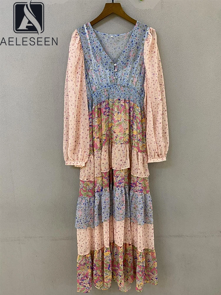 

AELESEEN 2022 осеннее подиумное модное женское платье с v-образным вырезом голубое розовое Цветочное платье с рукавами-фонариками каскадные обор...