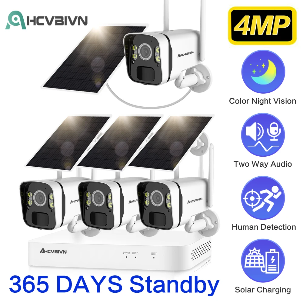 4 8Channel 4MP Battery Solar Powered Cctv Camera Kit 10CH Outdoor Wireless Wifi Solar Dual Light Source Security Camera System