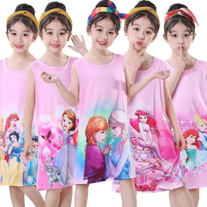 Frozen Anna Elsa Girls Sleepwear Summer Disney Cartoon Kids Silk Slings Girls Dress  Princess Kids Sleepwear home clothing baby