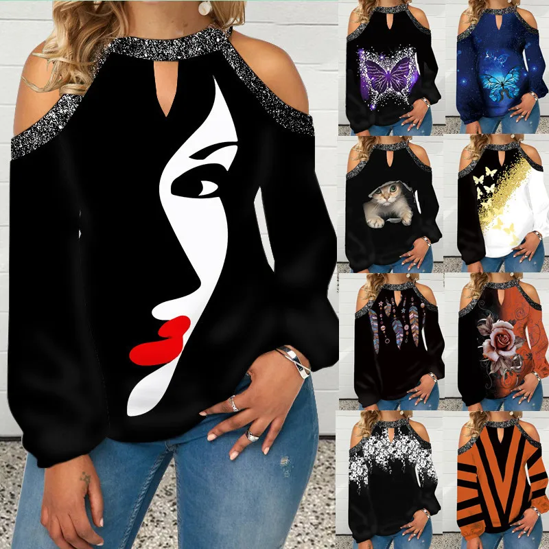 

2022 New Tops for Women Print Element Spring Sexy Halter Button Off Shoulder T-shirt Casual Hollow Out Loose Tees S-5XL