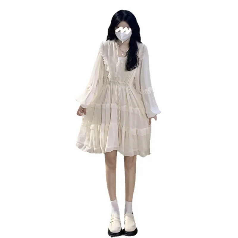 

Summer atmosphere, sweet long sleeved chiffon dress, women's small stature, high-end feeling, gentle style skirt