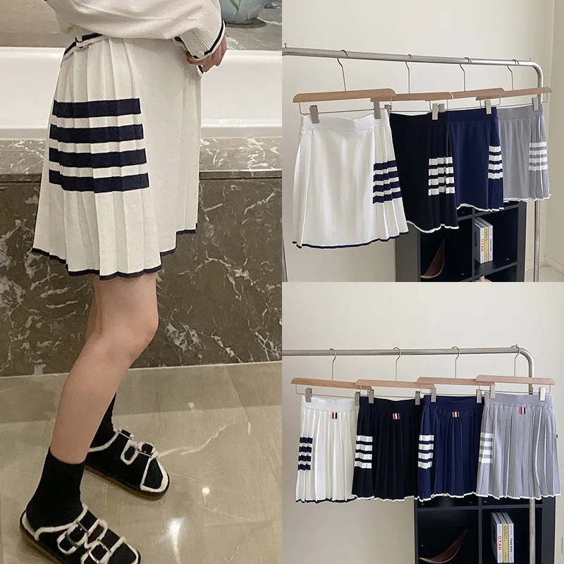 

Summer New TB Pleated Skirt British Style Half Skirt Knitted Fine Ice Hemp Ice Silk A-line Elastic Waist Short Skirt Women