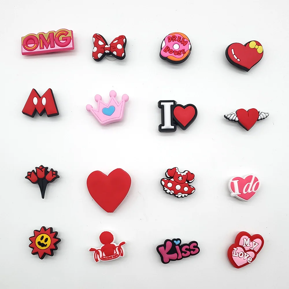 Hot 1pcs Red series PVC Shoe Charms Cartoon love Shoe Accessories Garden Shoe Buckle Decorations fit Croc JIBZ Kids X-mas Gifts