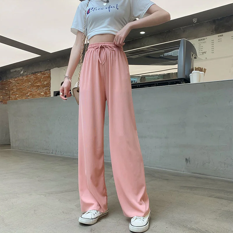 Spring and Summer Y2K Casual All-match Trousers High Waist Ice Silk Draped Loose Straight-leg Pants Knitted Wide-leg Pants Women