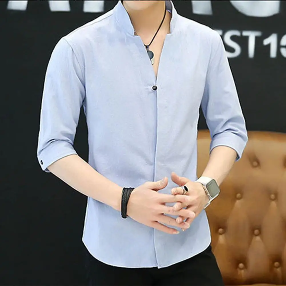 Мужская Однотонная рубашка с воротником-стойкой приталенная в деловом стиле