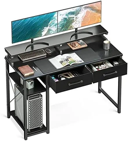 

Desk with Drawers and Storage Shelves, 55 inch Home Office Desk with Monitor Stand, Work Study PC Desk for Small Spaces, White