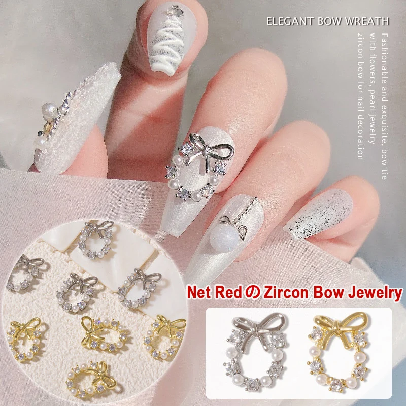 

2022 Net Red Nail Art Zircon Light Luxury Christmas Wreath Explosive Bow Knot Diamonds Stereo Pearl Nail Accessories Diamonds