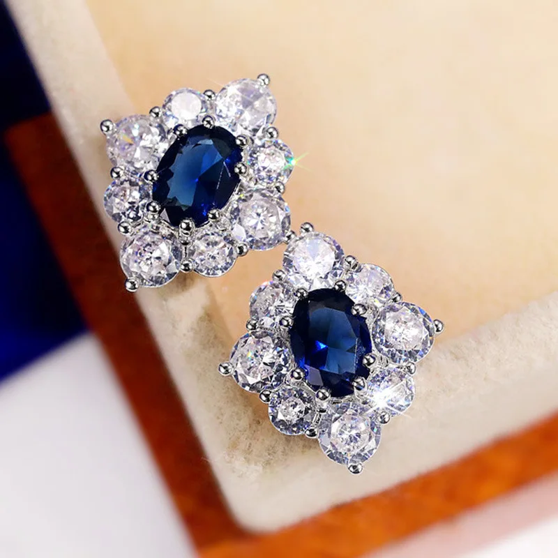 

2023 New Earrings Retro Royal Blue Zircon Flower Earrings Women's Flower-shaped High-end Temperament Earrings for Women