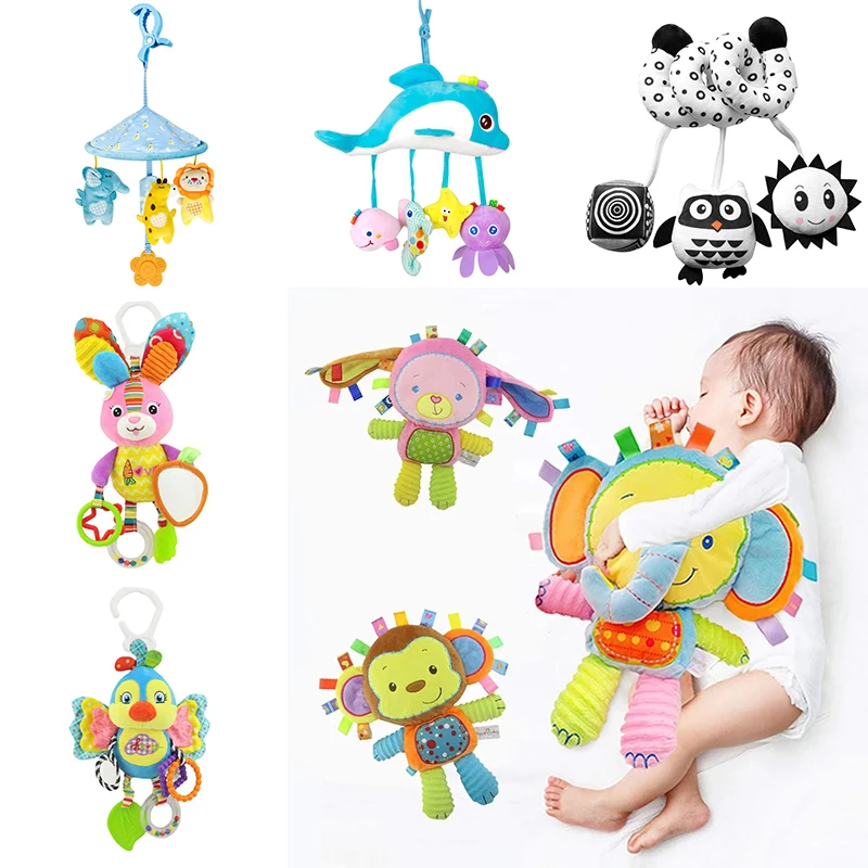 

Newborn Large Size Plush Stroller Toy Stuffed Animal Soft Lovey Animal Hanging Bell Built-in Rattles Toy for Toddler Infant Gift