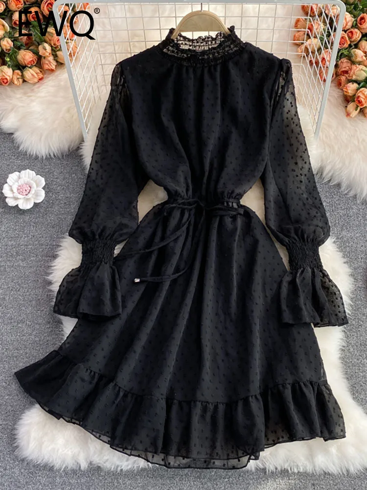 

EWQ Sweet Style Ruffles Chiffon Flare Collar Stand Solid Color High Waist A-line Women's Dress 2023 Autumn New Dresses 27SN3544
