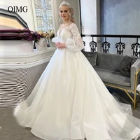 oimg vintage lace applique a line organza wedding dresses puff long sleeves sheer o neck lace up back bridal gowns plus size