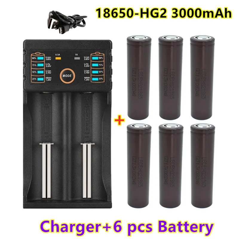 

100% original 18650 hg2 battery 3000 mah 3.7v rechargeable battery for hg2 18650 lithium battery 3000 mah + charger
