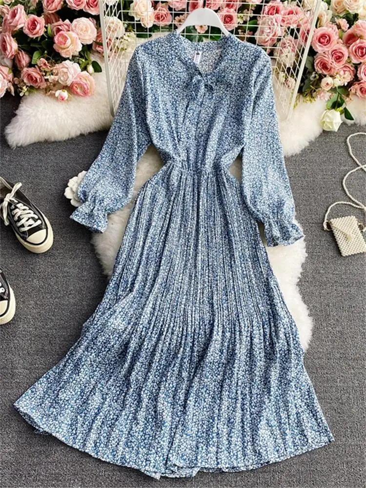 

New Fashion Women Elegant Floral Print Midi Dress Female Long Sleeve Pleated Vestdios Ladies Vacation Clothes