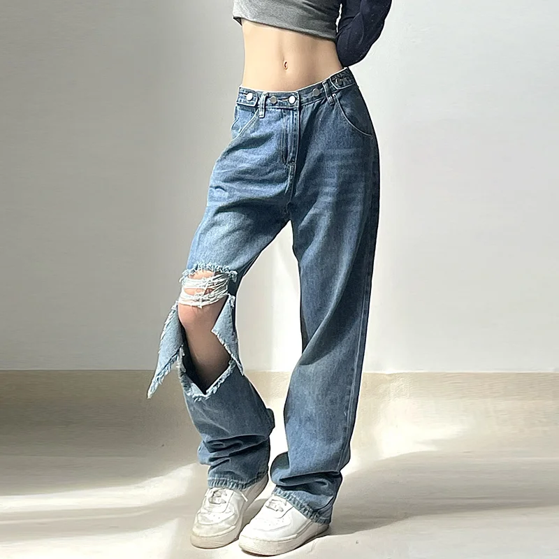 

Женские Синие рваные джинсы, новинка весны-лета 2023, прямые брюки с регулируемой талией, уличная одежда, универсальные повседневные джинсовые мешковатые брюки