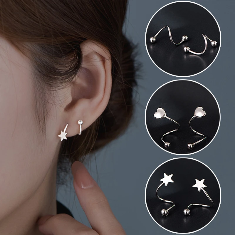 

Spiral Star Heart Huggie Hoop Heart Helix Cartilage Tragus Rotating Wave Geometry Stud Earrings Double Hoop Twist Earrings Women