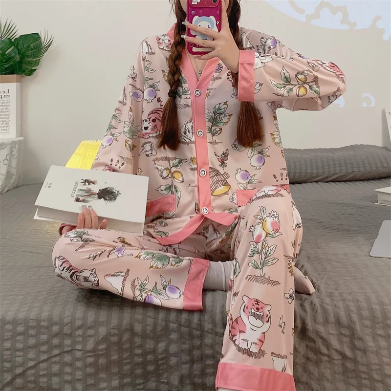 CAIYIER New Winter Nightwear Suit Cardigan Long Sleeve Trousers Ladies Pajamas Set Flower Sweet Sleepwear Simple Homewear 2XL