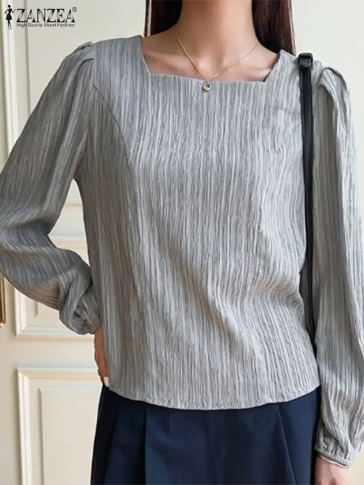 

Женская однотонная туника с длинным рукавом-фонариком и U-образным вырезом