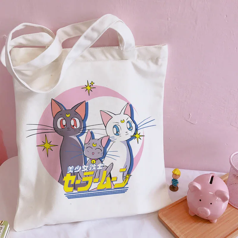 

Canvas Bag Shoppers Bags White Eco Large Capacity Hand Bag Women's Sailor Black Cat Moon vintage cute Art Casual Cloth bag