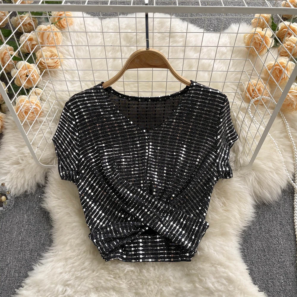 

Дизайнерская Женская тонкая футболка с v-образным вырезом, лето 2022, Корейская футболка с коротким рукавом, сексуальный тонкий модный топ