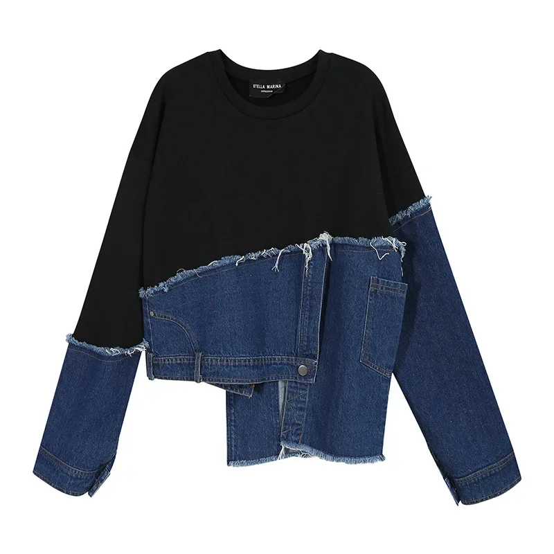 

Coat 2023 New Personality Asymmetry Washed Denim Stitching Loose Plus Size Casual Sweater Female Joker Top