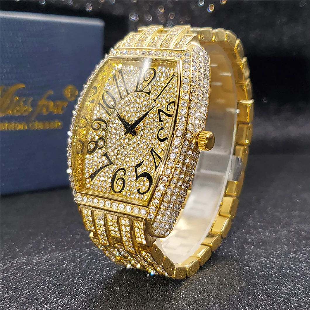 

MISSFOX Gold Watch For Men Hip Hop Bling Bling Tonneau Quartz Watches For Large Man Waterproof Millerable Hand Clock New Arrive