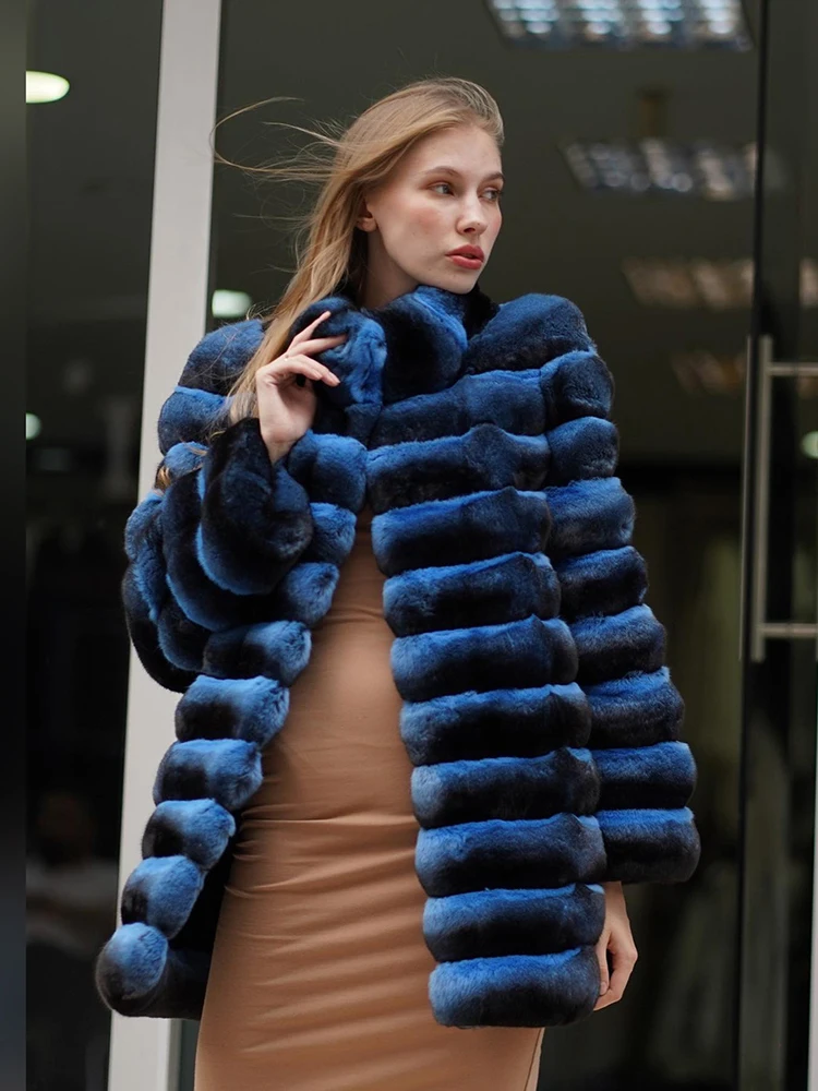 Strip Sewed Blue Rex Rabbit Fur Jacket Women Casual Fashion Chinchilla Outertwear 2022 New Loose Cozy Real Fur Coat Female