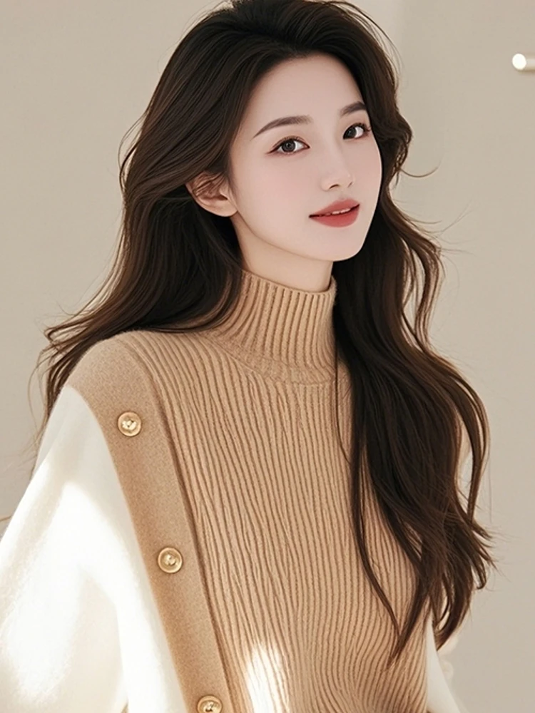 Contrast Color Turtleneck Knitwear Sweater Women clothes 2024 Autumn and Winter New Unique Design Sense Lazy Long sleev...