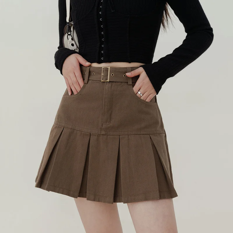 

Women Belted Waist Pleated Mini Skirt Y222