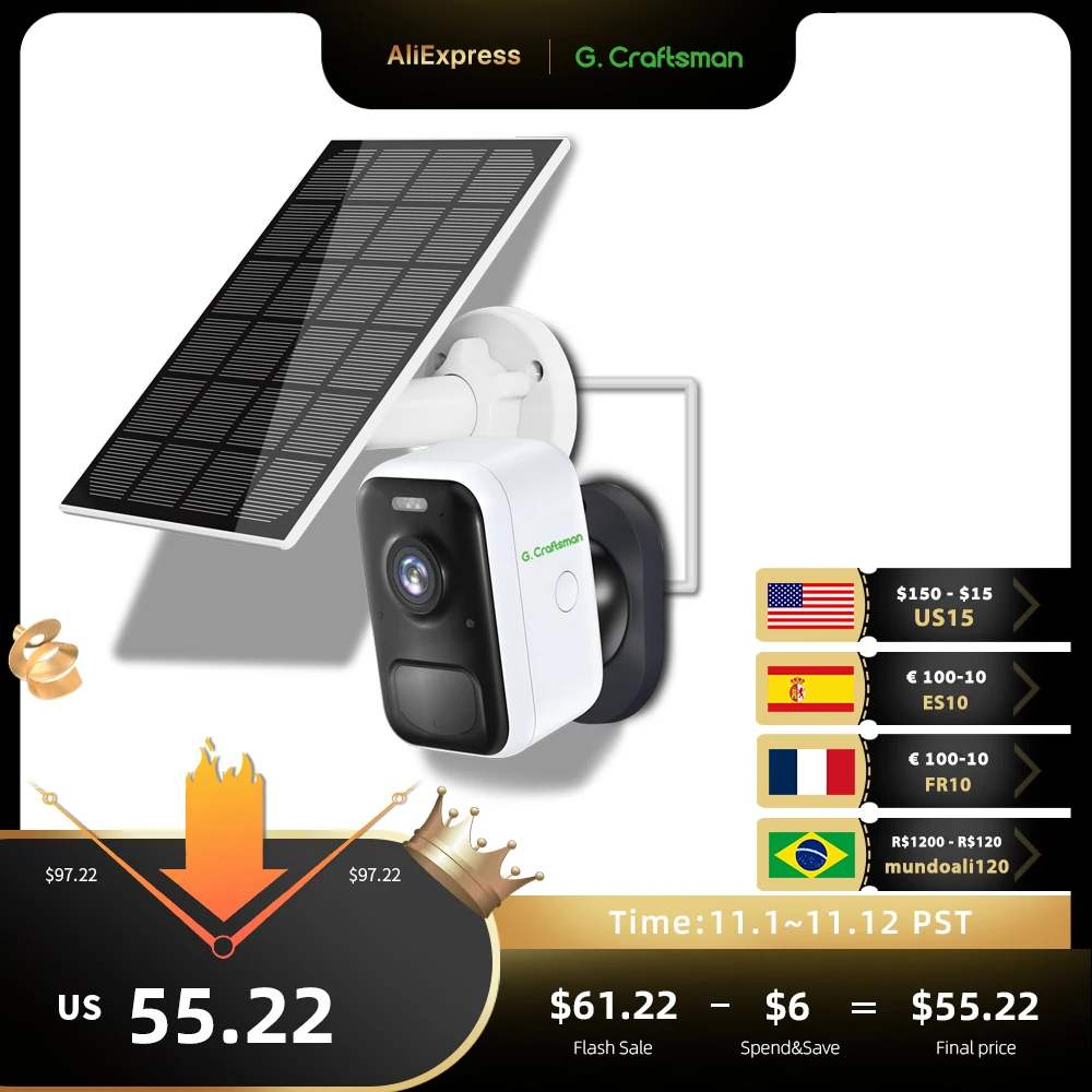 

V1 Smart Solar Battery Camera Cloud Storage 4MP 2K Wire-Free Security Camera Video Surveillance Weatherproof Outdoor PIR