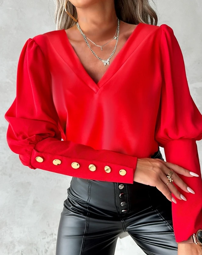 Женская блуза с открытой спиной V-образным вырезом и длинным рукавом